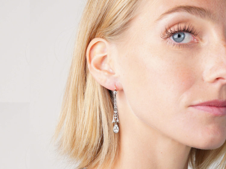 Art Deco 15ct Gold, Platinum & Diamond Drop Earrings