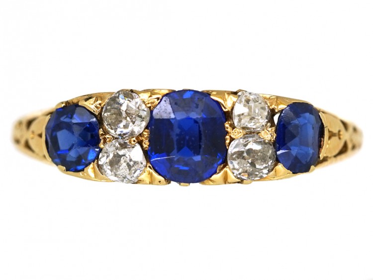 Edwardian 18ct Gold, Sapphire & Diamond Carved Half Hoop Ring