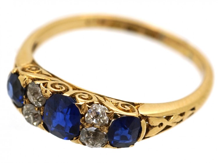 Edwardian 18ct Gold, Sapphire & Diamond Carved Half Hoop Ring