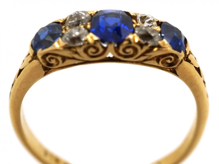 Edwardian 18ct Gold, Sapphire & Diamond Carved Half Hoop Ring