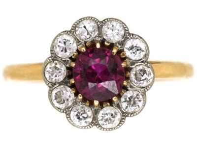 Edwardian 18ct Gold, Platinum, Ruby & Diamond Cluster Ring
