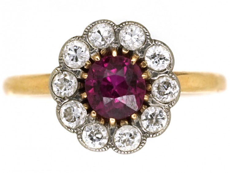 Edwardian 18ct Gold, Platinum, Ruby & Diamond Cluster Ring