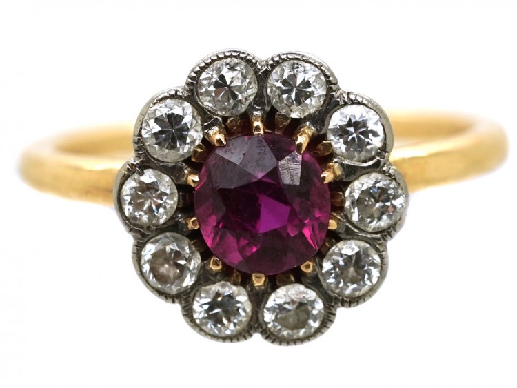 Edwardian 18ct Gold, Platinum, Ruby & Diamond Cluster Ring
