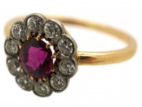 Edwardian 18ct Gold, Platinum, Ruby & Diamond Cluster Ring