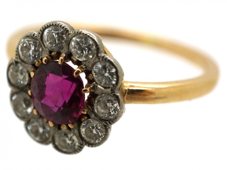 Edwardian 18ct Gold, Platinum, Ruby & Diamond Cluster Ring