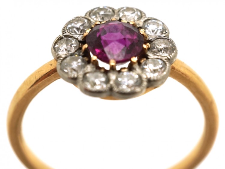 Edwardian 18ct Gold, Platinum, Ruby & Diamond Cluster Ring