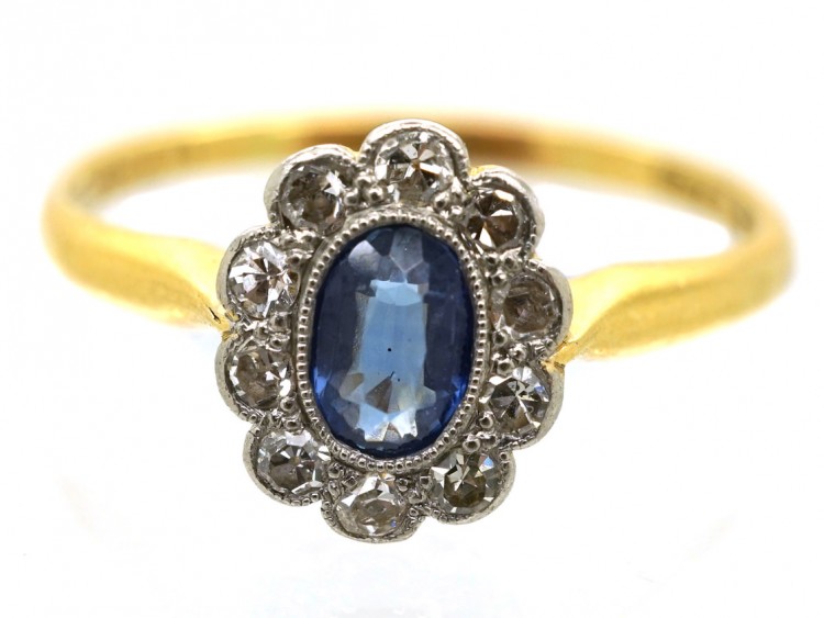 Edwardian 18ct Gold, Platinum, Sapphire & Diamond Oval Cluster Ring