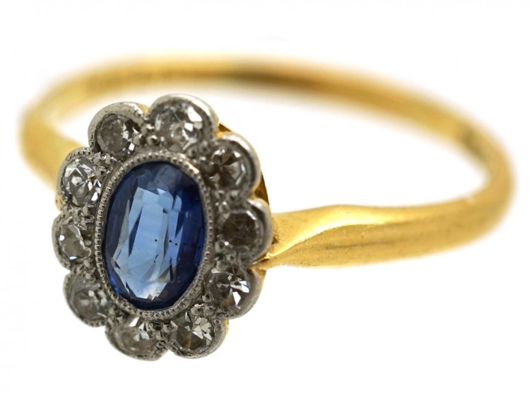 Edwardian 18ct Gold, Platinum, Sapphire & Diamond Oval Cluster Ring
