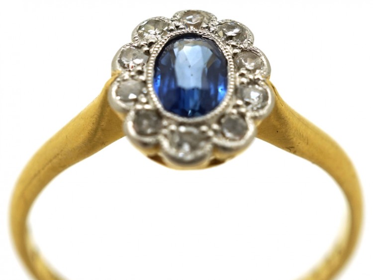 Edwardian 18ct Gold, Platinum, Sapphire & Diamond Oval Cluster Ring