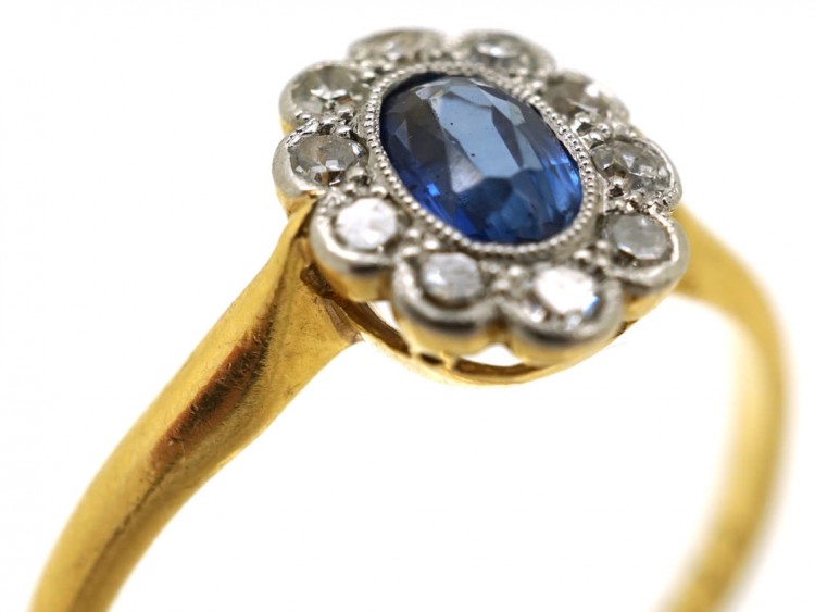 Edwardian 18ct Gold, Platinum, Sapphire & Diamond Oval Cluster Ring