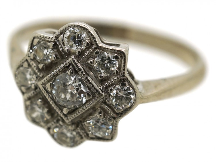 Art Deco 18ct Gold, Platinum, Diamond Cluster Ring