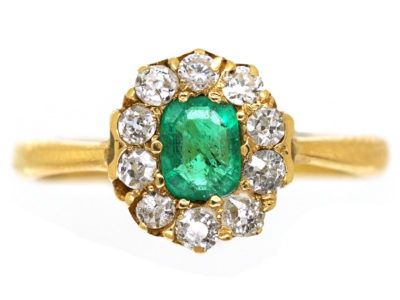 Edwardian 18ct Gold, Emerald & Diamond Cluster Ring