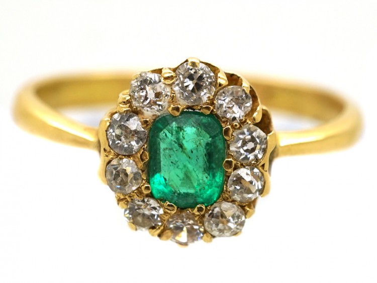 Edwardian 18ct Gold, Emerald & Diamond Cluster Ring