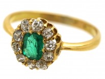 Edwardian 18ct Gold, Emerald & Diamond Cluster Ring