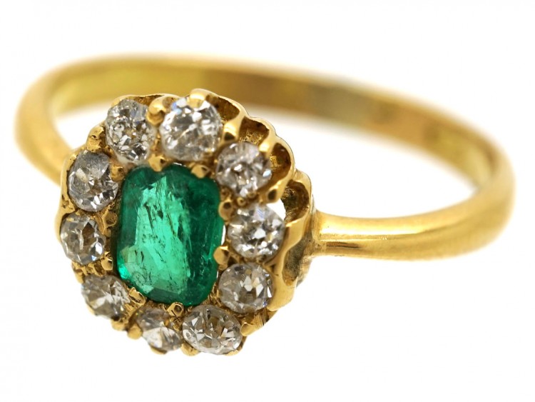 Edwardian 18ct Gold, Emerald & Diamond Cluster Ring