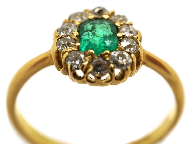 Edwardian 18ct Gold, Emerald & Diamond Cluster Ring