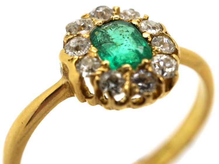 Edwardian 18ct Gold, Emerald & Diamond Cluster Ring