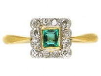 Art Deco 18ct Gold, Platinum, Emerald & Diamond Square Ring