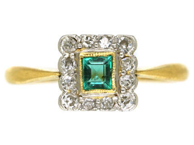 Art Deco 18ct Gold, Platinum, Emerald & Diamond Square Ring