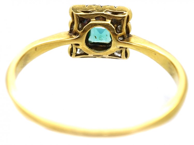 Art Deco 18ct Gold, Platinum, Emerald & Diamond Square Ring