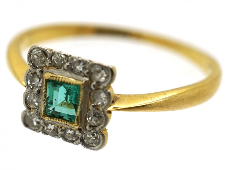 Art Deco 18ct Gold, Platinum, Emerald & Diamond Square Ring
