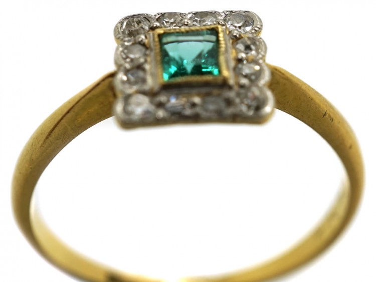 Art Deco 18ct Gold, Platinum, Emerald & Diamond Square Ring