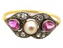 Edwardian 18ct Gold, Platinum, Pink Sapphire & Diamond Ring