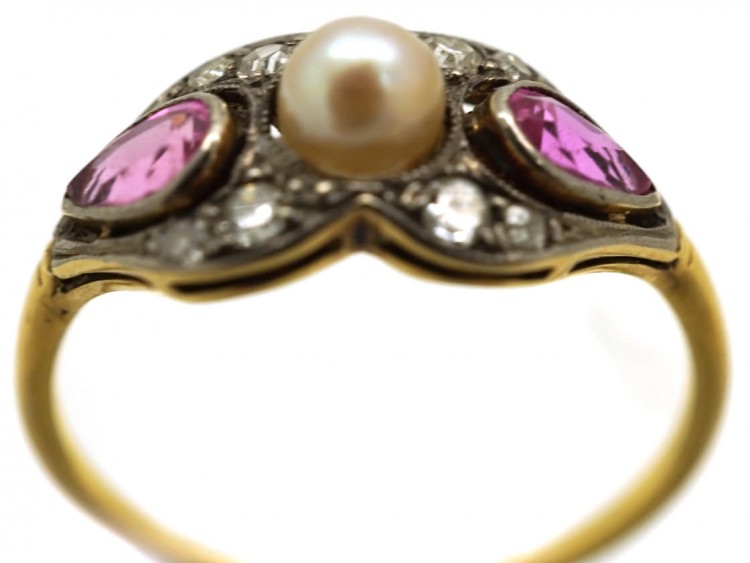 Edwardian 18ct Gold, Platinum, Pink Sapphire & Diamond Ring