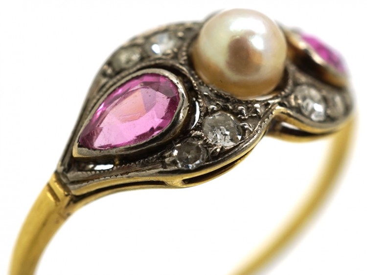 Edwardian 18ct Gold, Platinum, Pink Sapphire & Diamond Ring