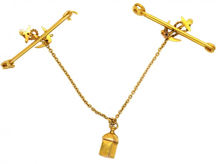 Pair of 15ct Gold Nautical Brooches With Lantern in Original Case