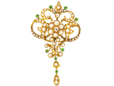 Edwardian 15ct Gold Natural Split Pearl & Green Garnet Pendant Brooch