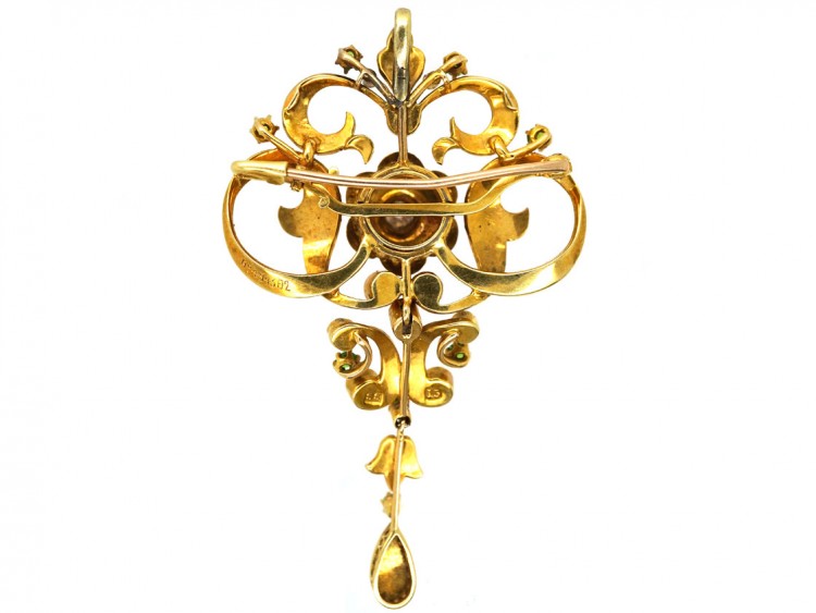 Edwardian 15ct Gold Natural Split Pearl & Green Garnet Pendant Brooch