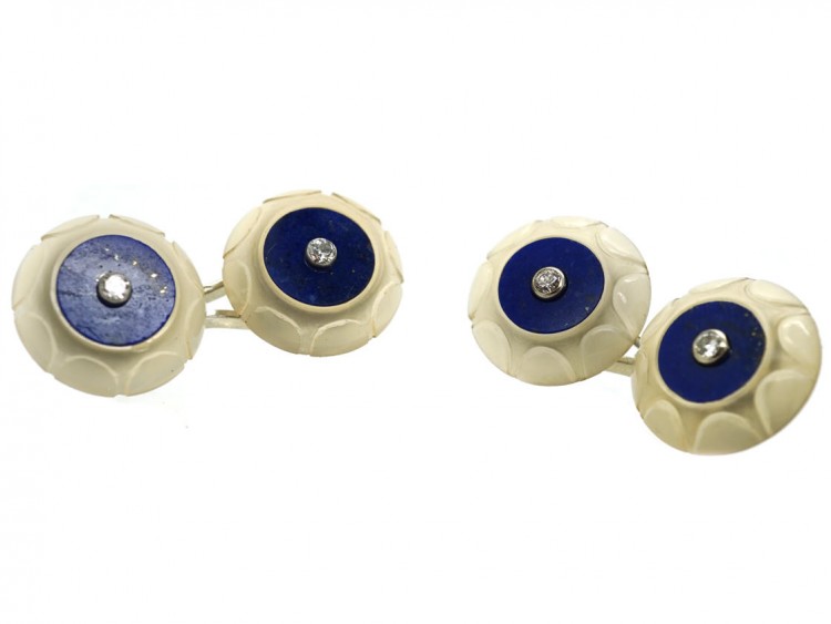 French Art Deco 18ct White Gold, Lapis & Rock Crystal Cufflinks