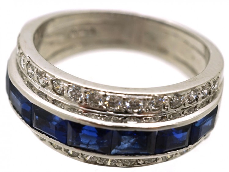 Art Deco 18ct White Gold, Sapphire & Diamond Triple Band Ring