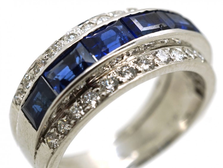 Art Deco 18ct White Gold, Sapphire & Diamond Triple Band Ring