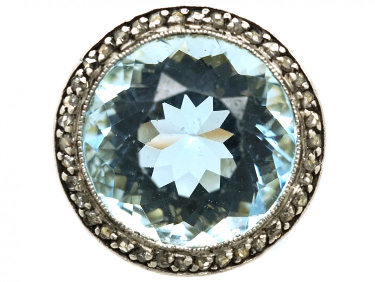 18ct Gold & Platinum, Large Aquamarine & Rose Diamond Ring