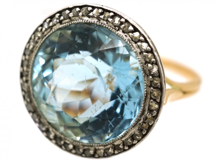 18ct Gold & Platinum, Large Aquamarine & Rose Diamond Ring