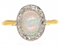 Edwardian 18ct Gold Opal & Rose Diamond Oval Cluster Ring