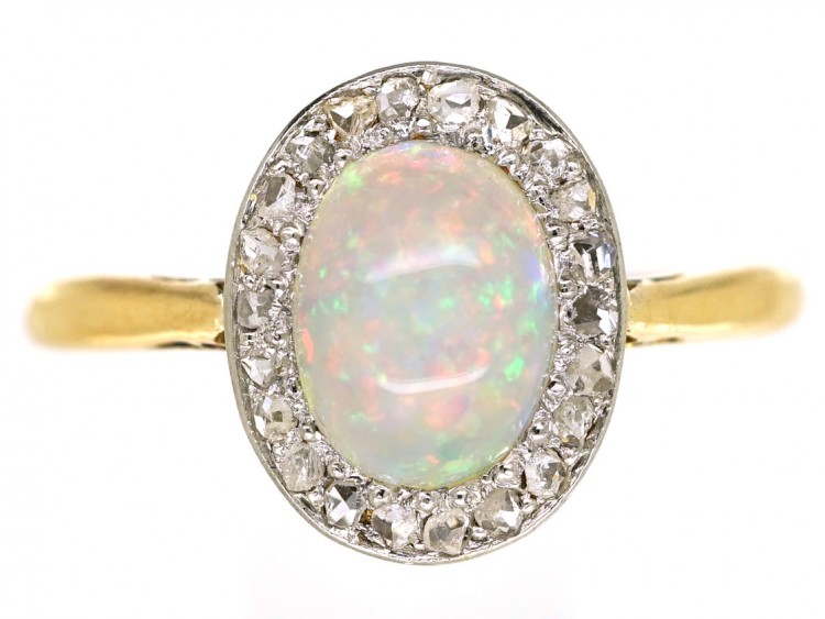 Edwardian 18ct Gold Opal & Rose Diamond Oval Cluster Ring