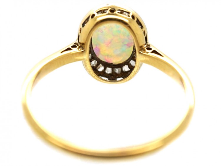 Edwardian 18ct Gold Opal & Rose Diamond Oval Cluster Ring