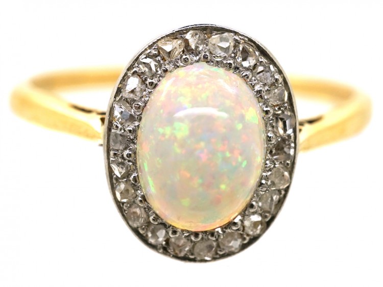 Edwardian 18ct Gold Opal & Rose Diamond Oval Cluster Ring