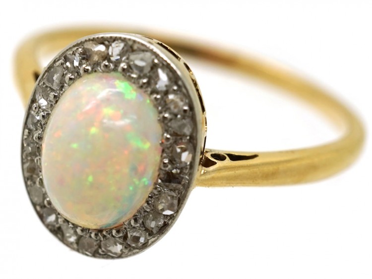 Edwardian 18ct Gold Opal & Rose Diamond Oval Cluster Ring