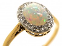 Edwardian 18ct Gold Opal & Rose Diamond Oval Cluster Ring