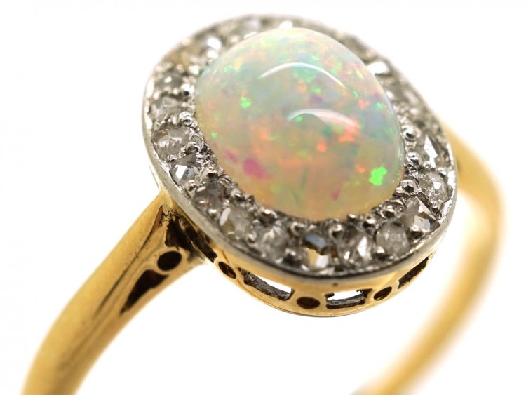 Edwardian 18ct Gold Opal & Rose Diamond Oval Cluster Ring
