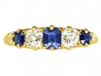 Victorian 18ct Gold Sapphire & Diamond Five Stone Carved Half Hoop Ring