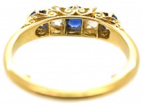Victorian 18ct Gold Sapphire & Diamond Five Stone Carved Half Hoop Ring