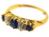 Victorian 18ct Gold Sapphire & Diamond Five Stone Carved Half Hoop Ring