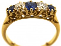 Victorian 18ct Gold Sapphire & Diamond Five Stone Carved Half Hoop Ring