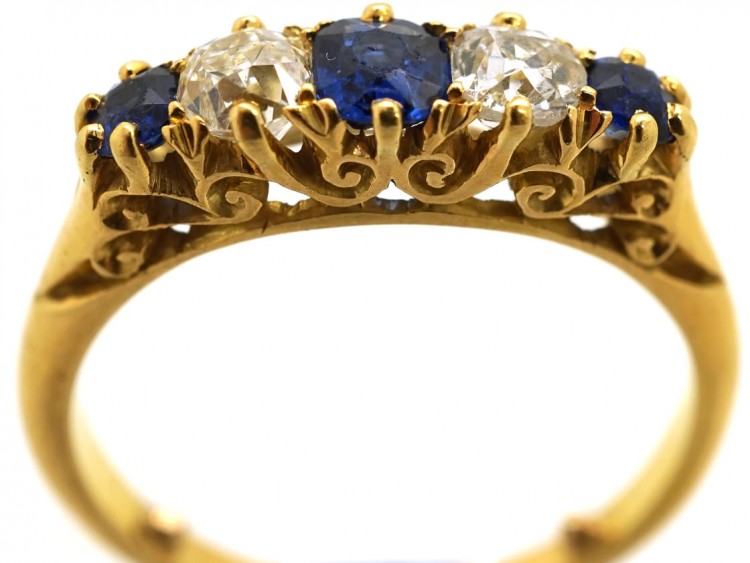 Victorian 18ct Gold Sapphire & Diamond Five Stone Carved Half Hoop Ring