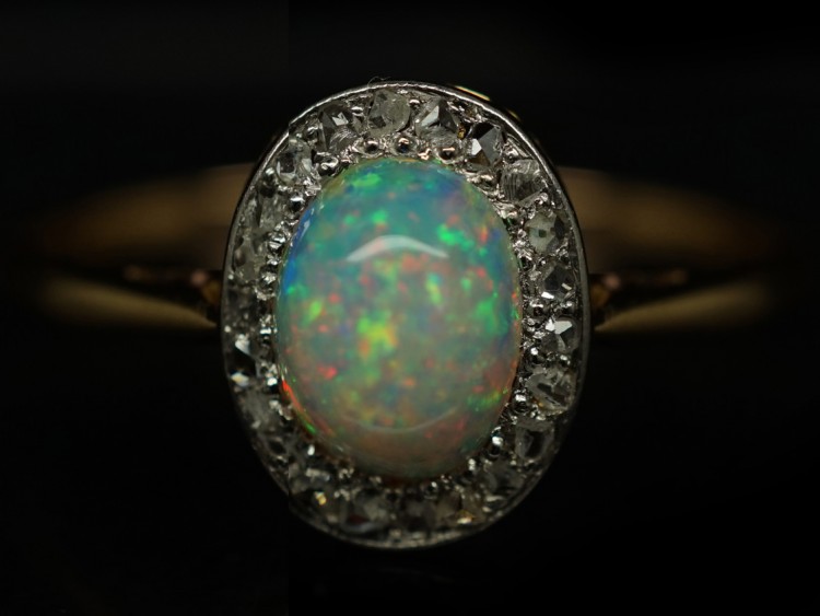 Edwardian 18ct Gold Opal & Rose Diamond Oval Cluster Ring